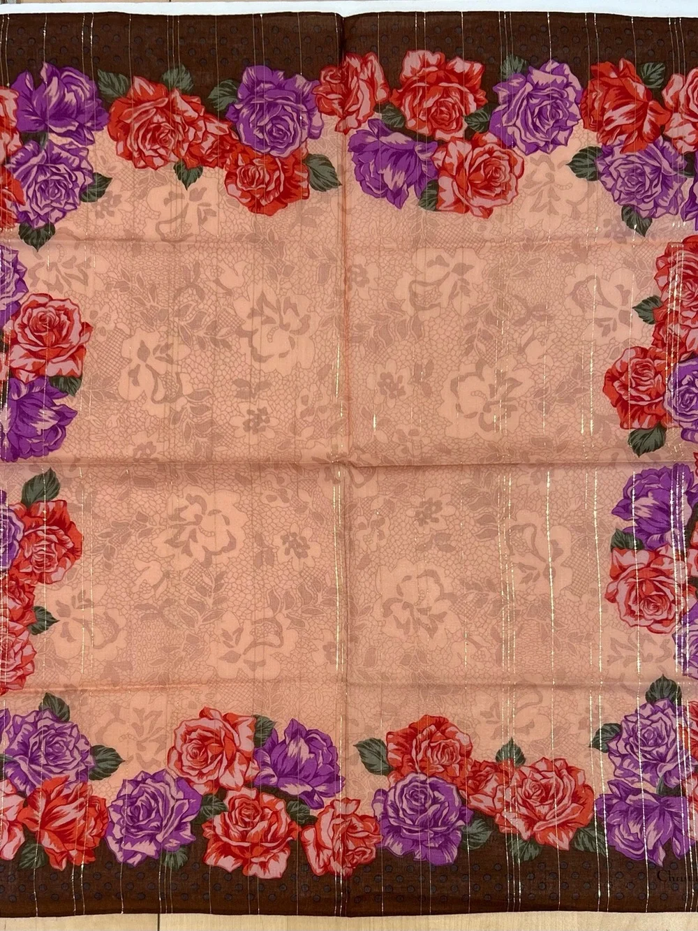 Women Handkerchief Christian Dior Brown Floral Rose Bandana Scarf Cotton 21“